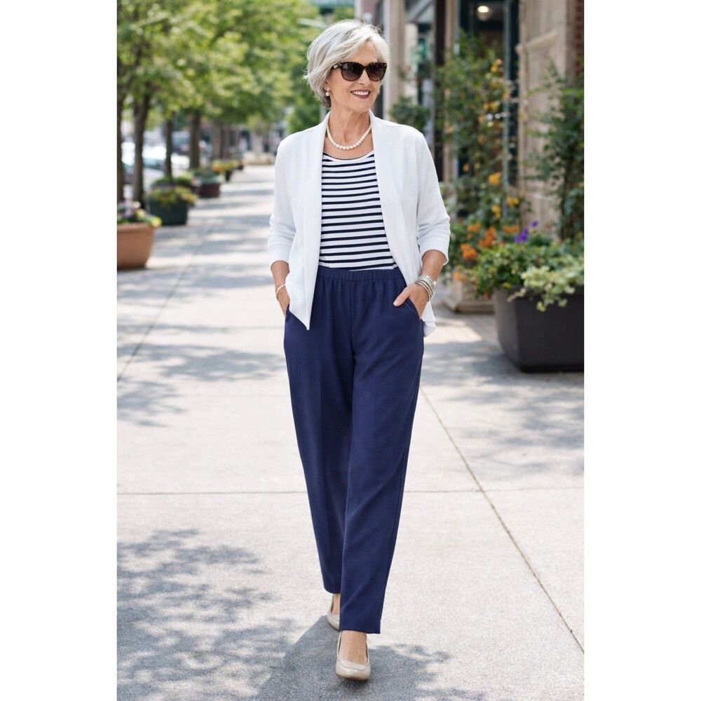 Alfred‎ Dunner Size 14P Pull On Pants Navy Blue Elastic Waist Straight Leg USA